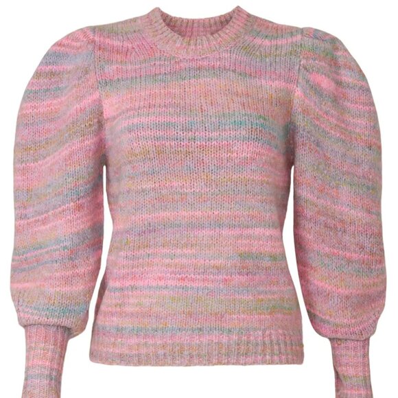 LoveShackFancy Aquarius Pullover Knit Sweater Crew Neck Long Puff Sleeve Pink M - Picture 5 of 13